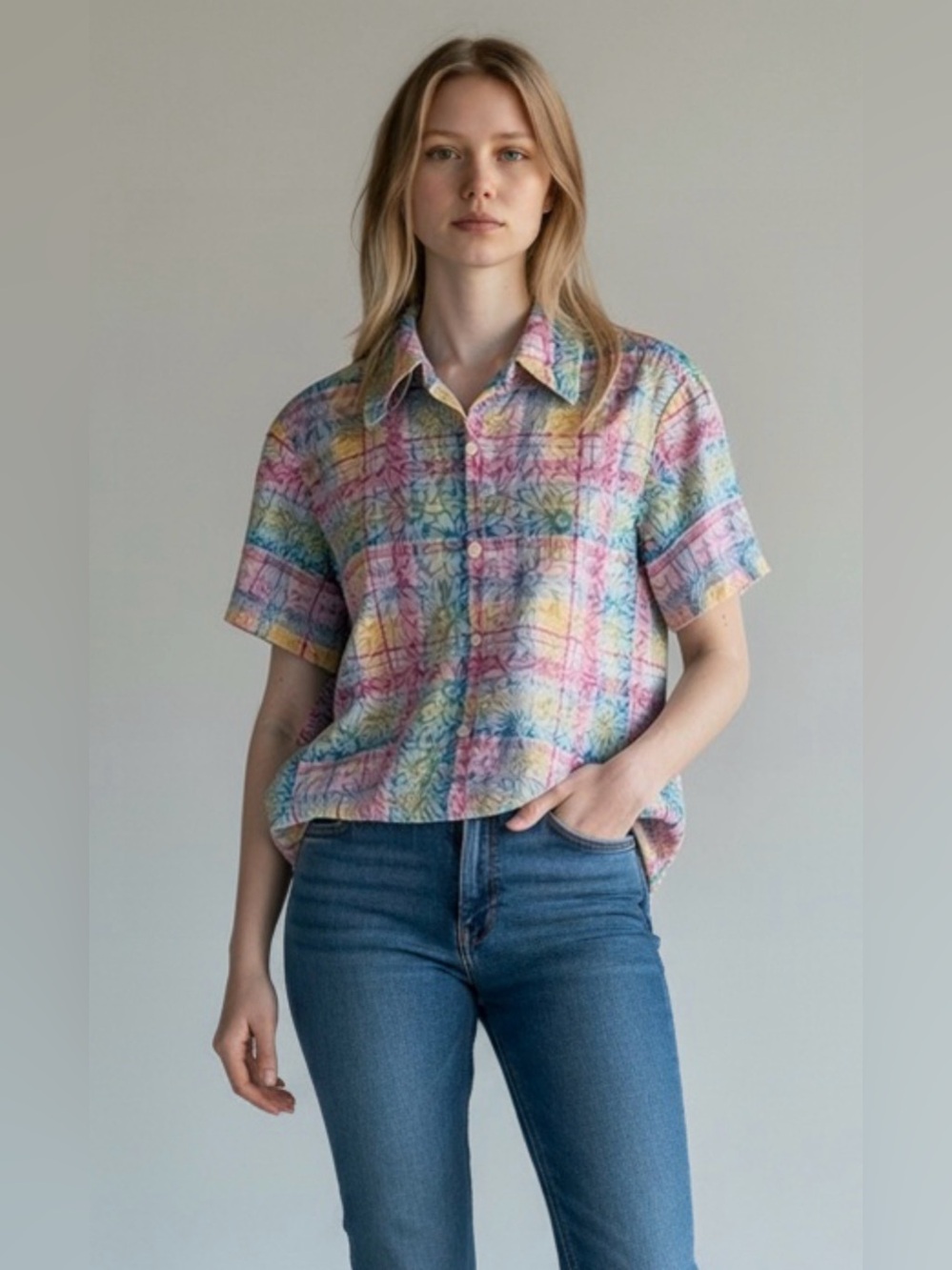 Alfred Dunner Multicolor Plaid Daisy Button Down Shirt